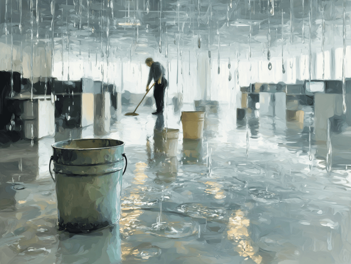 A digital painting shows a person mopping the floor of a flooded office space. Water drips from the ceiling, and several buckets are scattered around to catch the leaks. The scene, painted in soft gray and blue tones, conveys a sense of calm persistence amid chaos and damage.