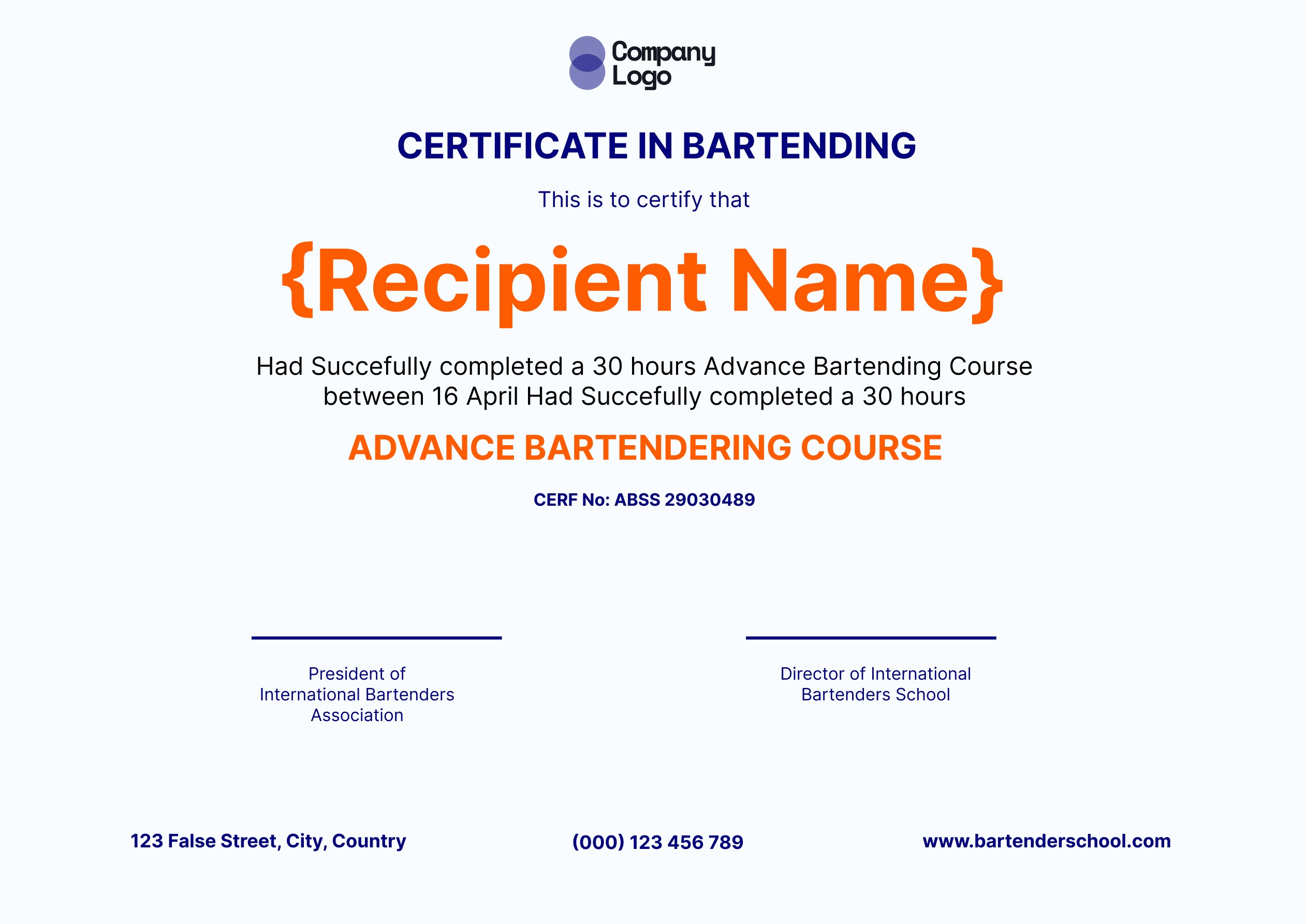 Wauld - Professional and refined bartending certificate template