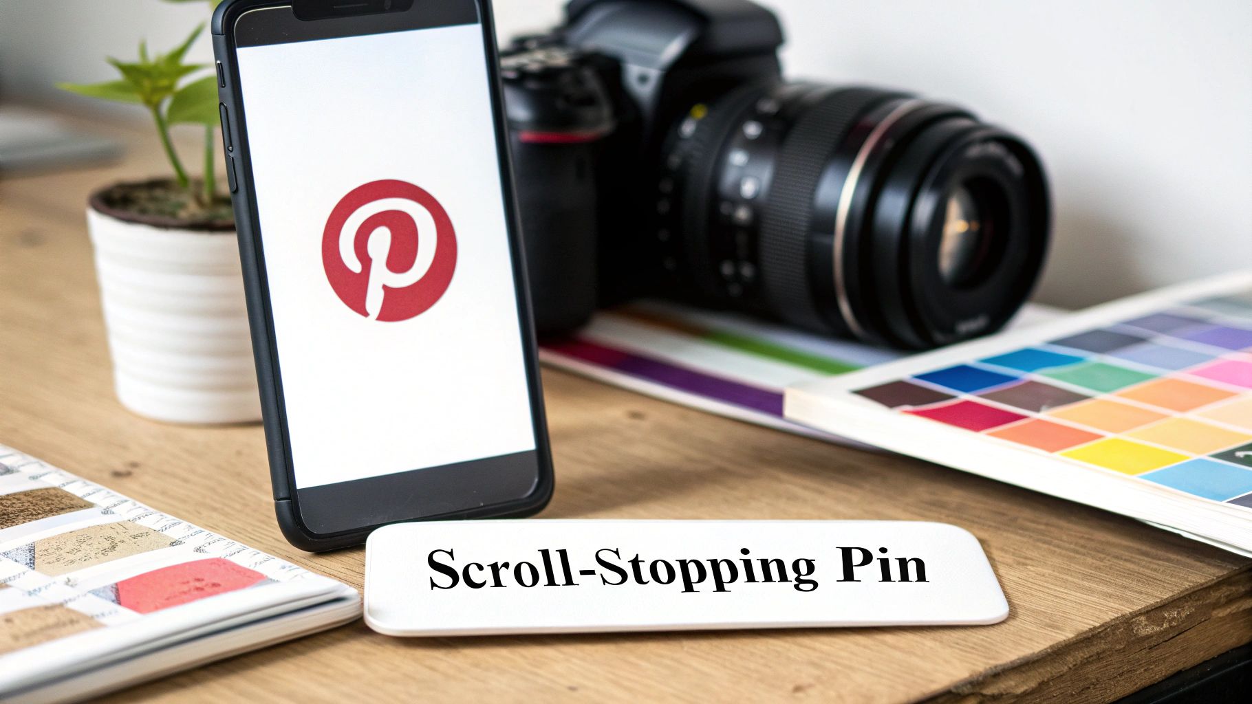 A smartphone displays the Pinterest logo on a wooden desk next to a camera and 'Scroll-Stopping Pin' sign.