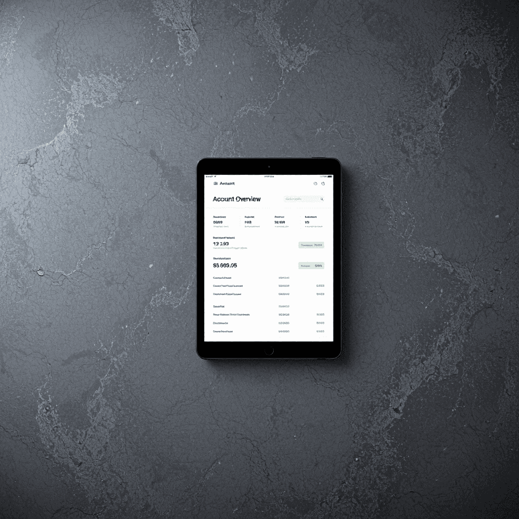 product photography of tablet screen displaying an account overview