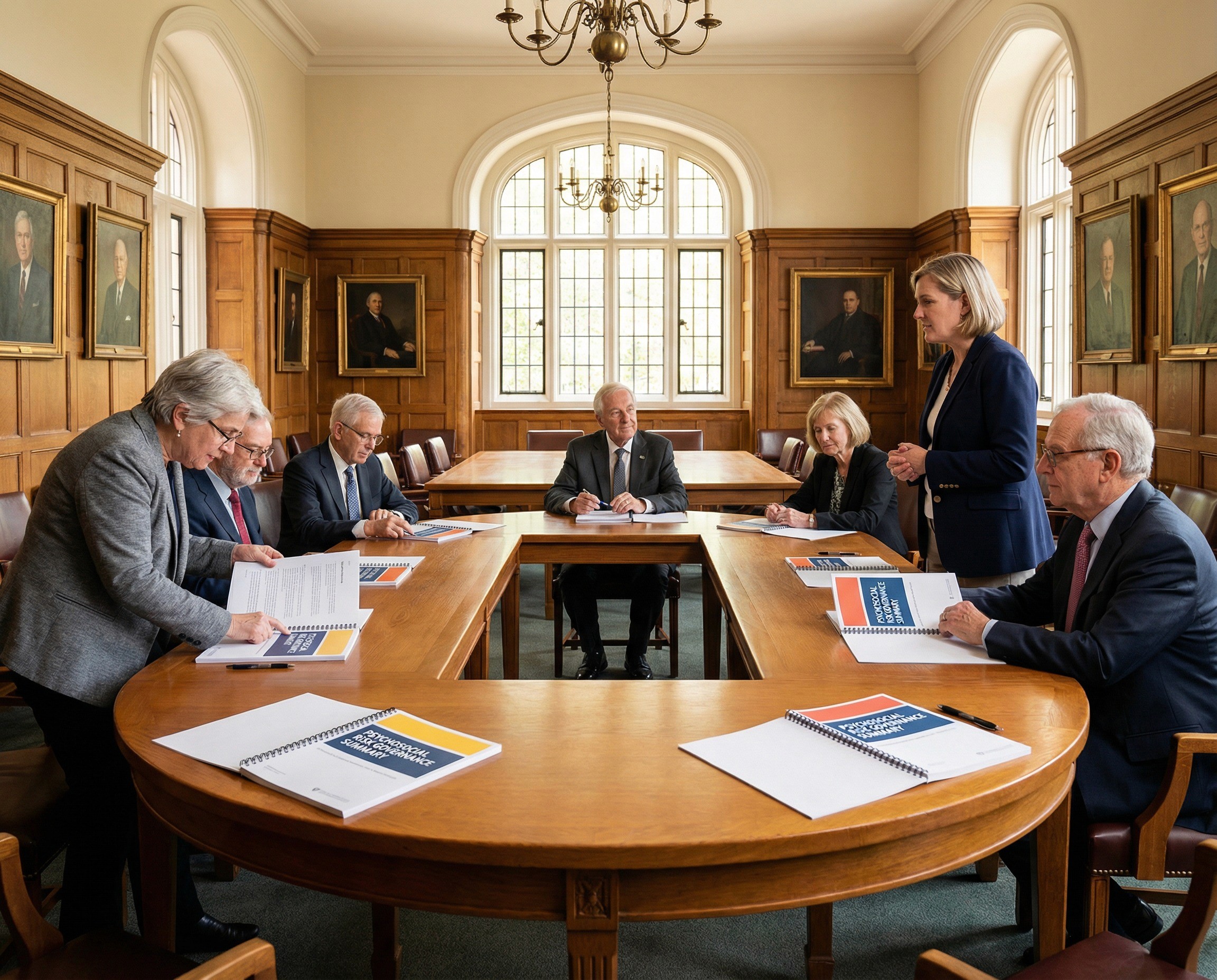 A university council chamber — a formal, wood-panelled room with a large horseshoe-shaped table, institutional portraits on the walls, and the particular gravity of a space where governance has been conducted for decades. The meeting is in progress: six or seven council members are seated around the horseshoe, each with a printed psychosocial risk governance summary in front of them — structured cover page with a coloured header block, visible as identical documents at each seat. 