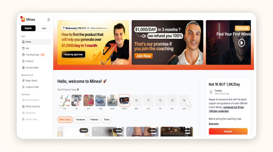 Minea dashboard interface