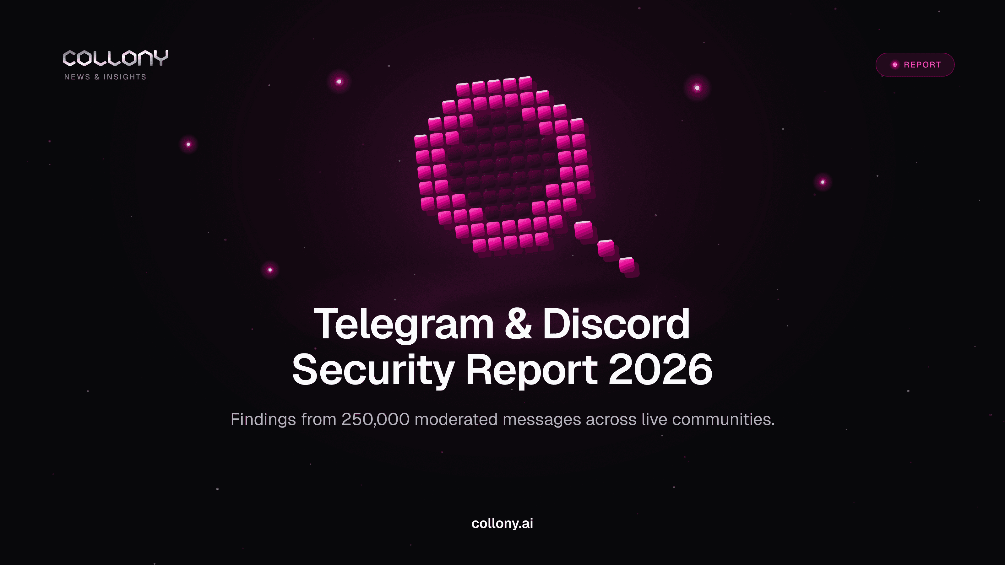 Magenta voxel magnifying glass for the collony.ai Telegram and Discord Security Report 2026