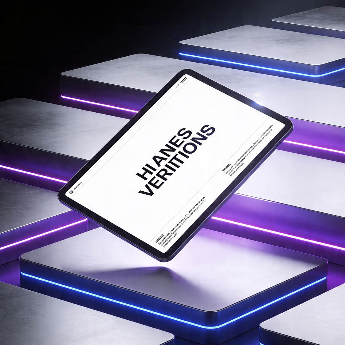 Floating tablet mockup above illuminated geometric platforms with neon edges, showcasing a clean editorial layout.