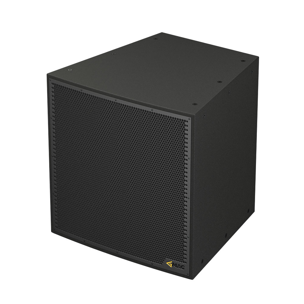 Black speaker cabinet with mesh front and logo