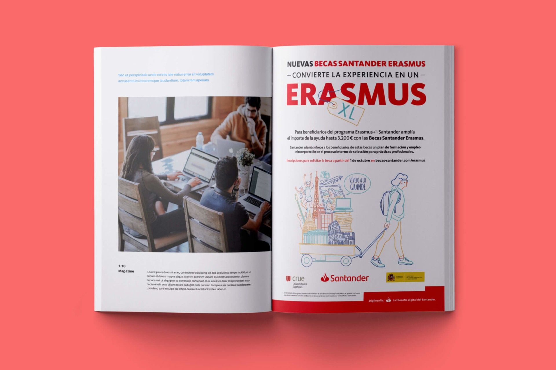 Revista abierta con anuncio de Becas Santander Erasmus y personas trabajando en computadoras.