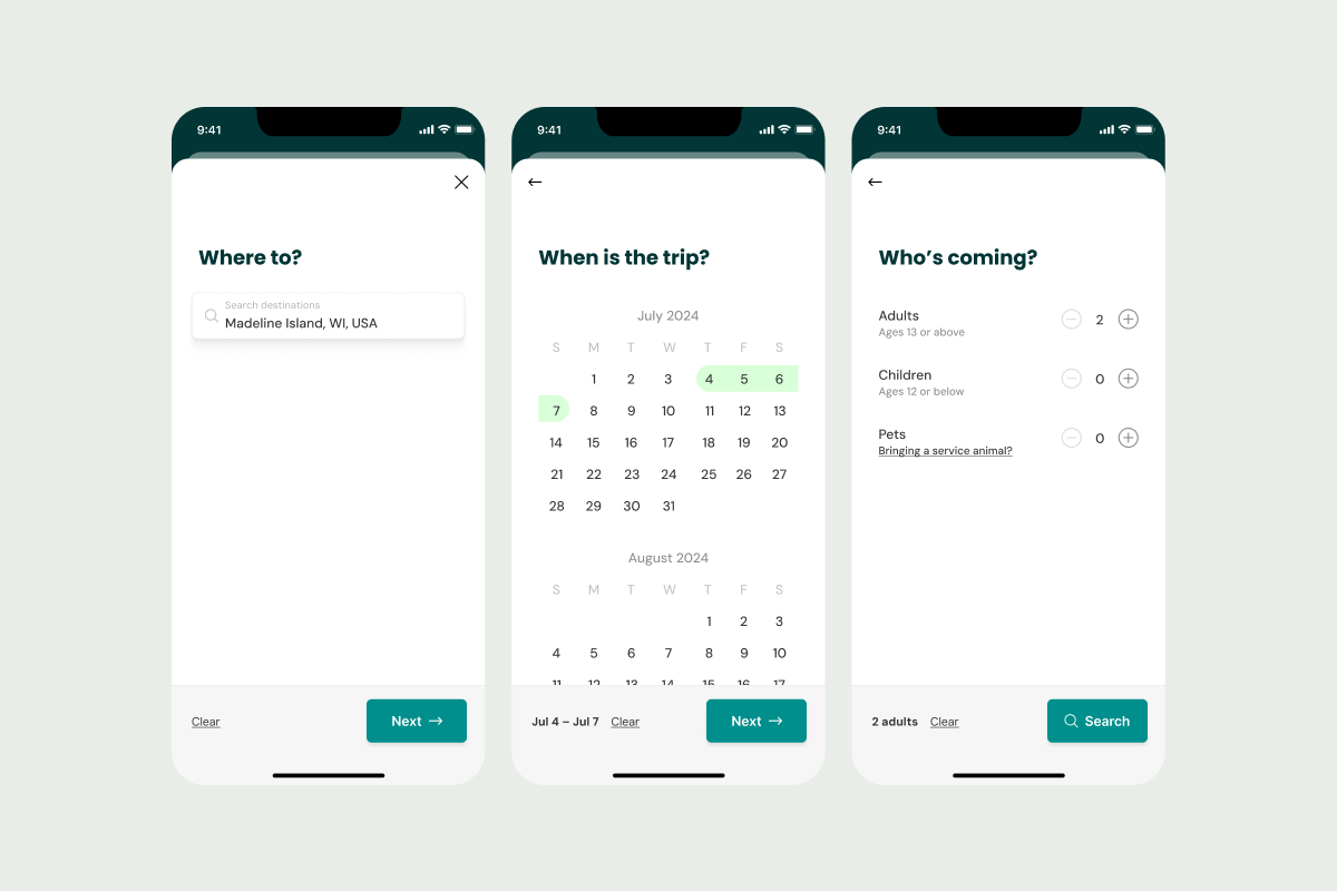 Three smartphone screens display a travel booking app. The first screen asks for the destination, Madeleine Island. The second shows a July 2024 calendar to select dates. The third asks about travelers, including adults, children, and pets.