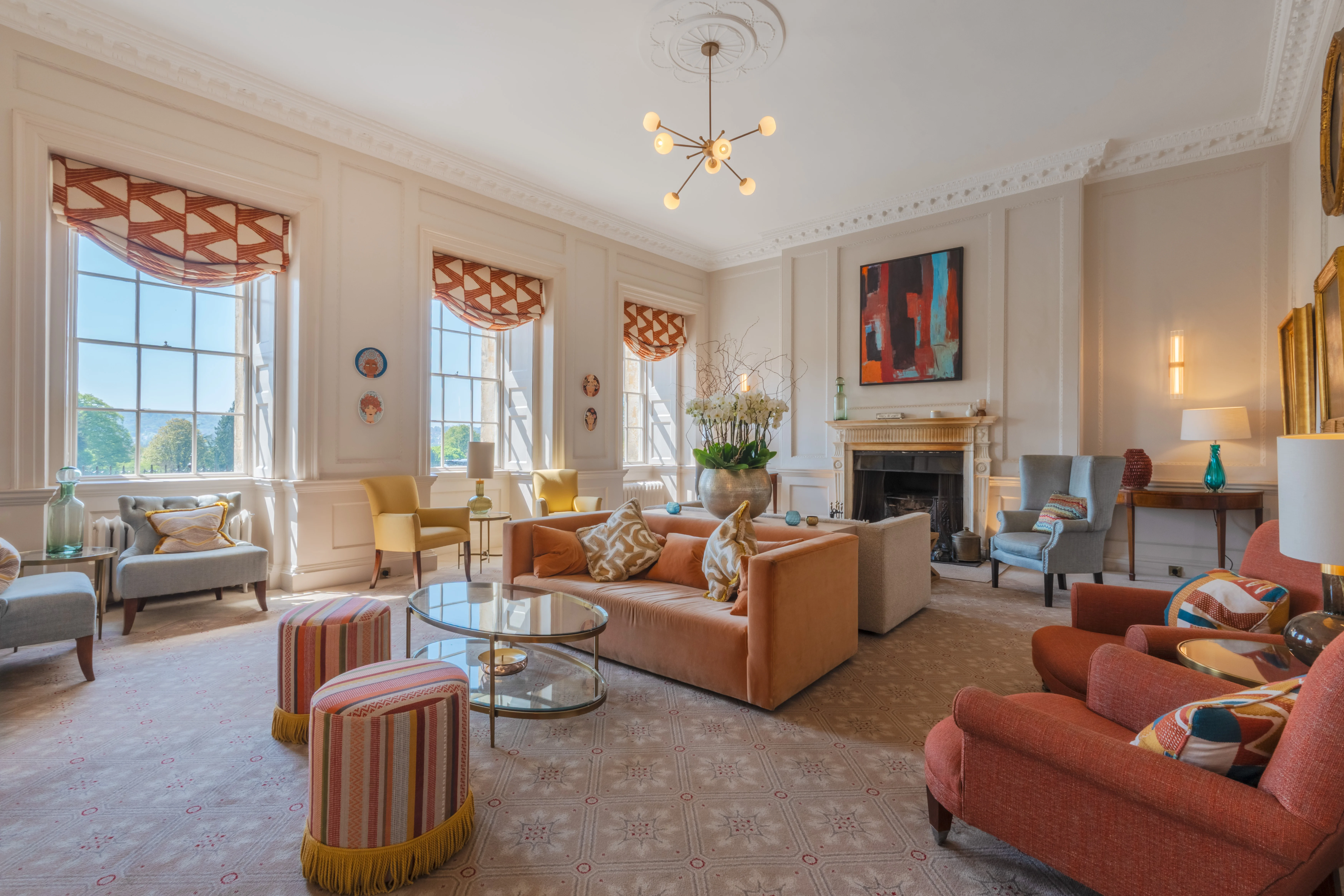 Elegant Georgian drawing room with fireplace and period details at Royal Crescent Hotel