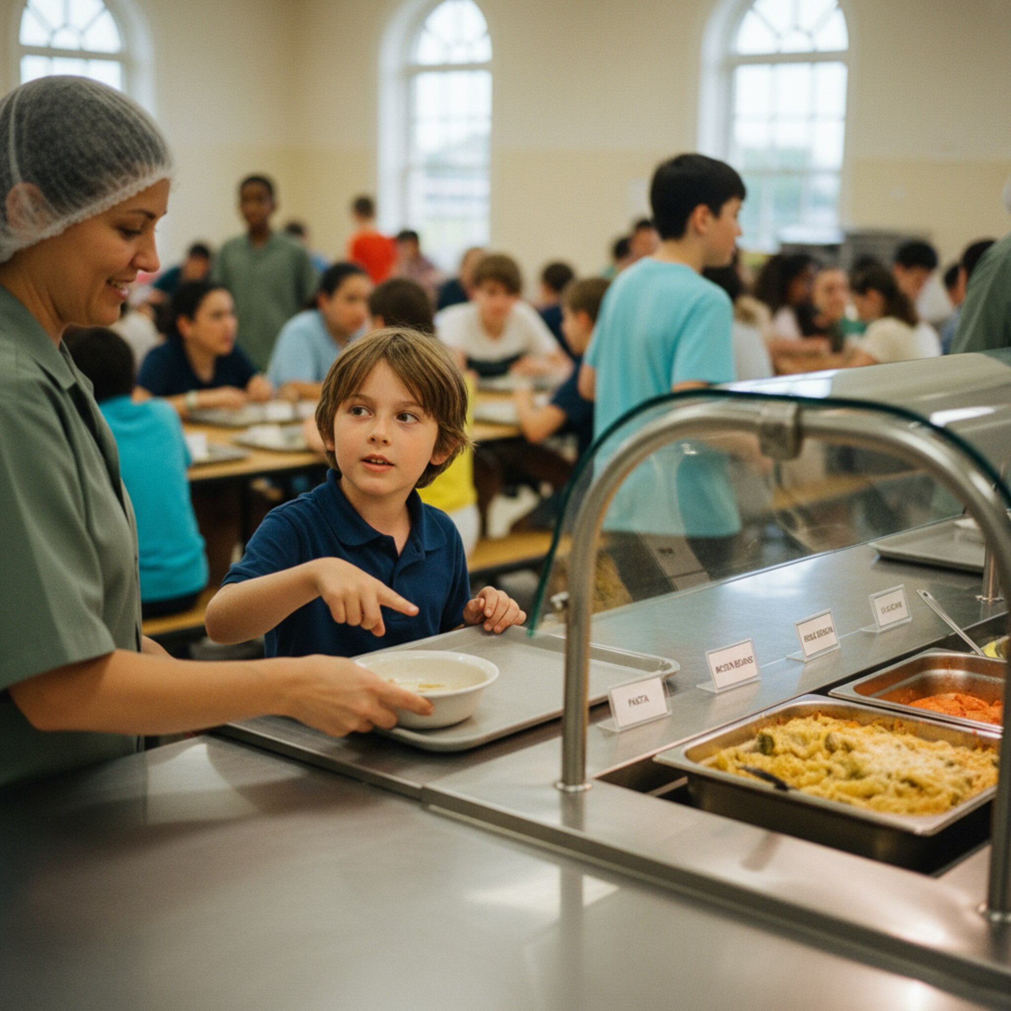 Eine lebendige Schulkantine zur Mittagszeit, Tabletts gleiten über eine Edelstahltheke. Ein Kind zeigt auf ein Gericht, die Mitarbeiterin reicht eine Schale. Neben der Ausgabe stehen kleine Schilder mit Zutatenhinweisen, die Plätze im Hintergrund füllen sich nach und nach.