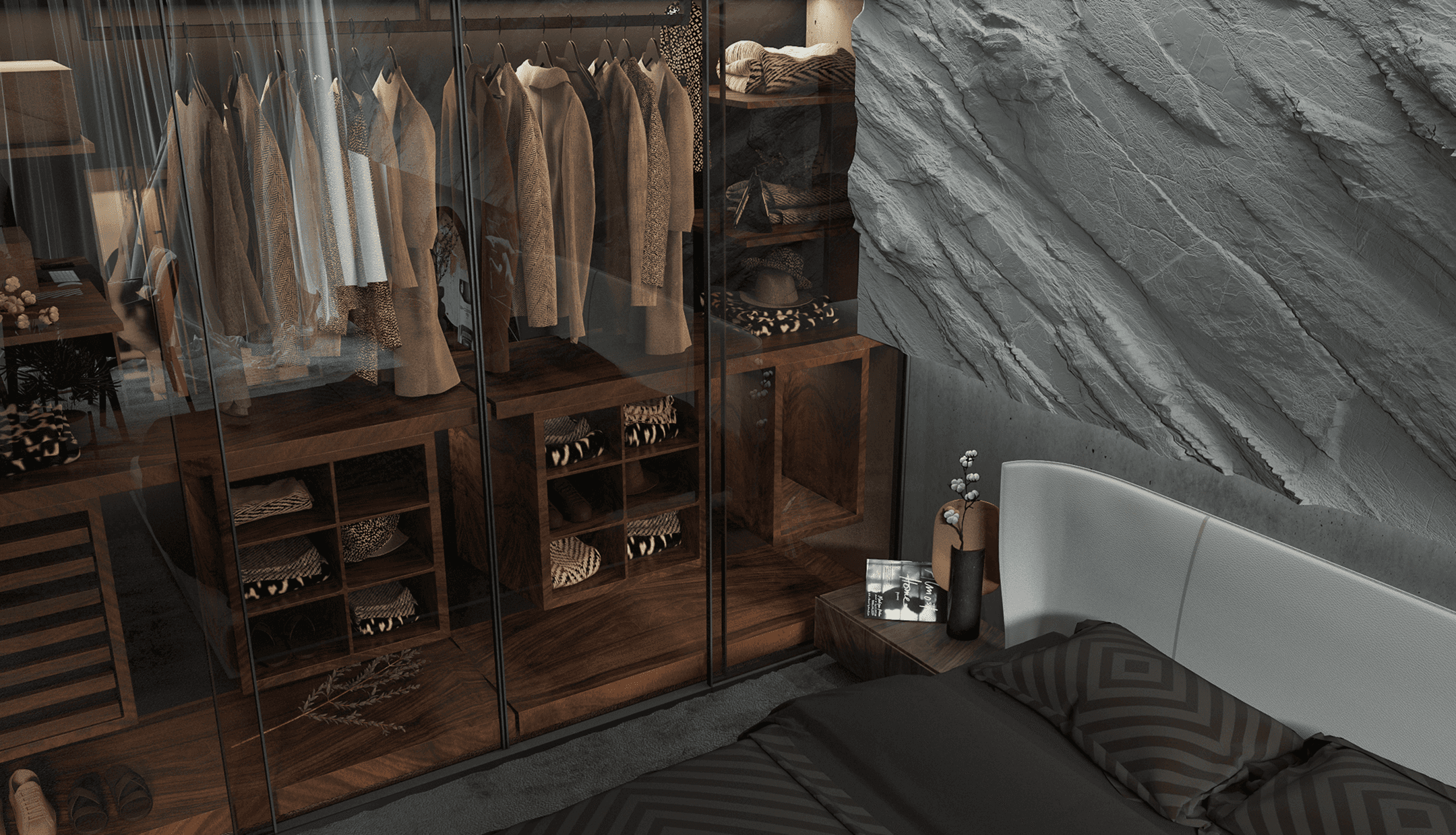 Bespoke walnut walk-in closet with integrated lighting and custom storage.