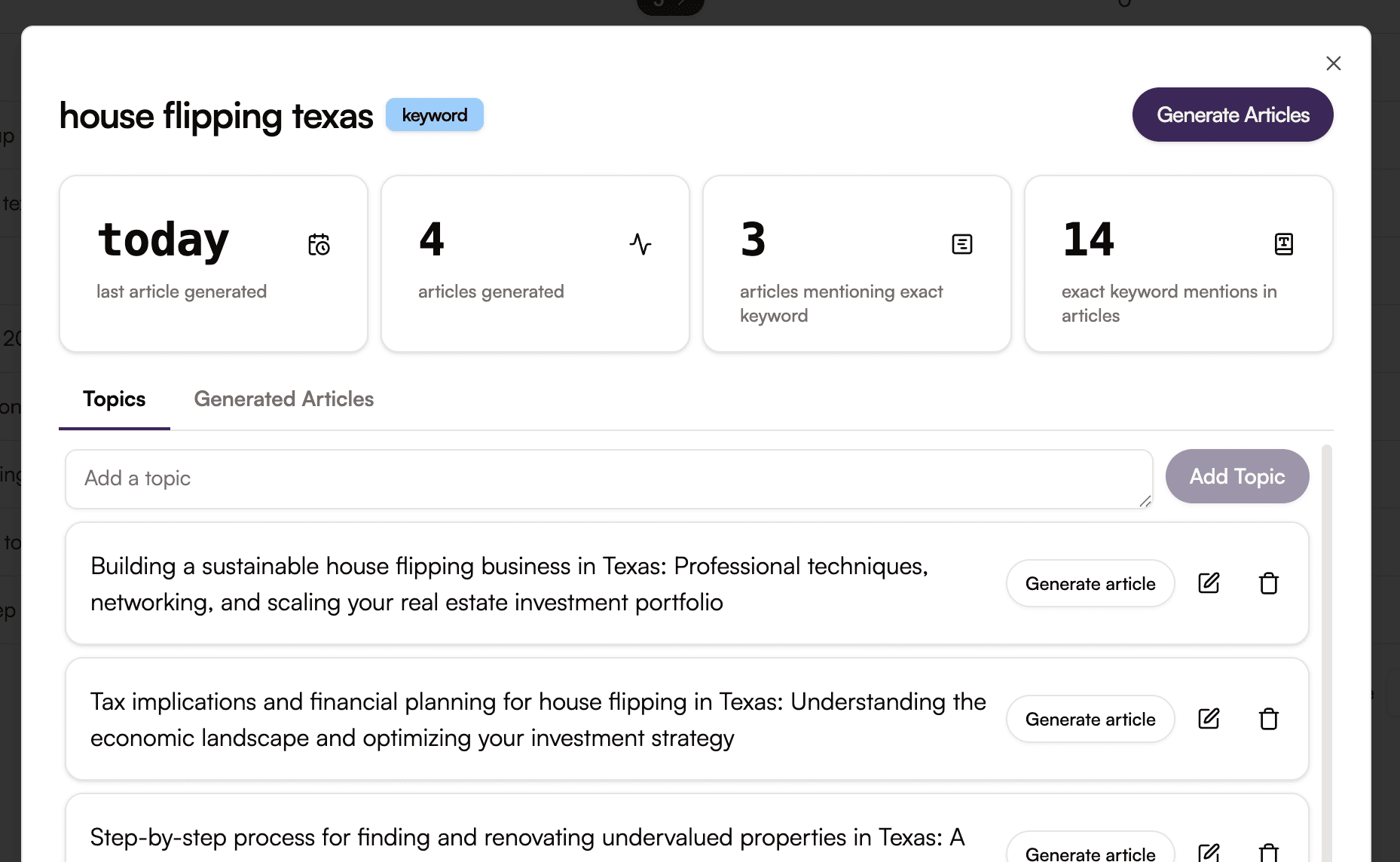 An example topic generation for the keyword "house flipping texas" in Hatter