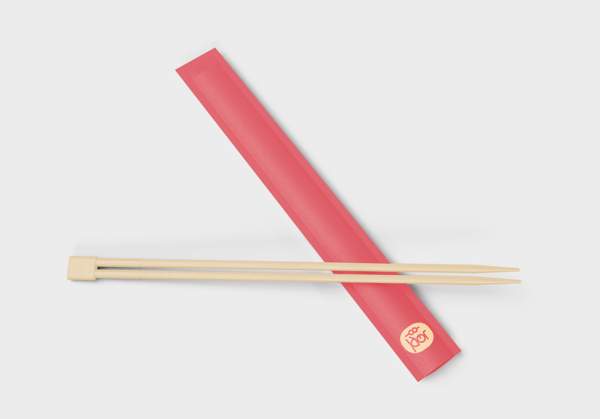  這張圖片展示了滿腹屋的筷子套設計，紅色筷子套印有黃色圓形滿腹屋的標識。