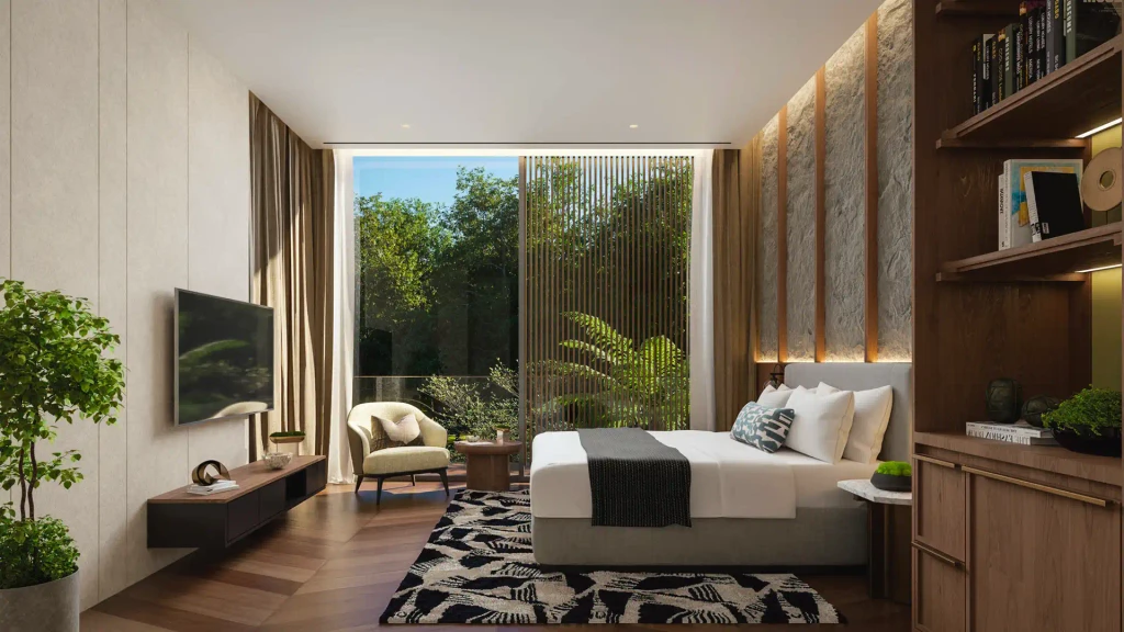 Stylish bedroom in Altissima, Dubai, with a large bed and a generous window that brightens the space.