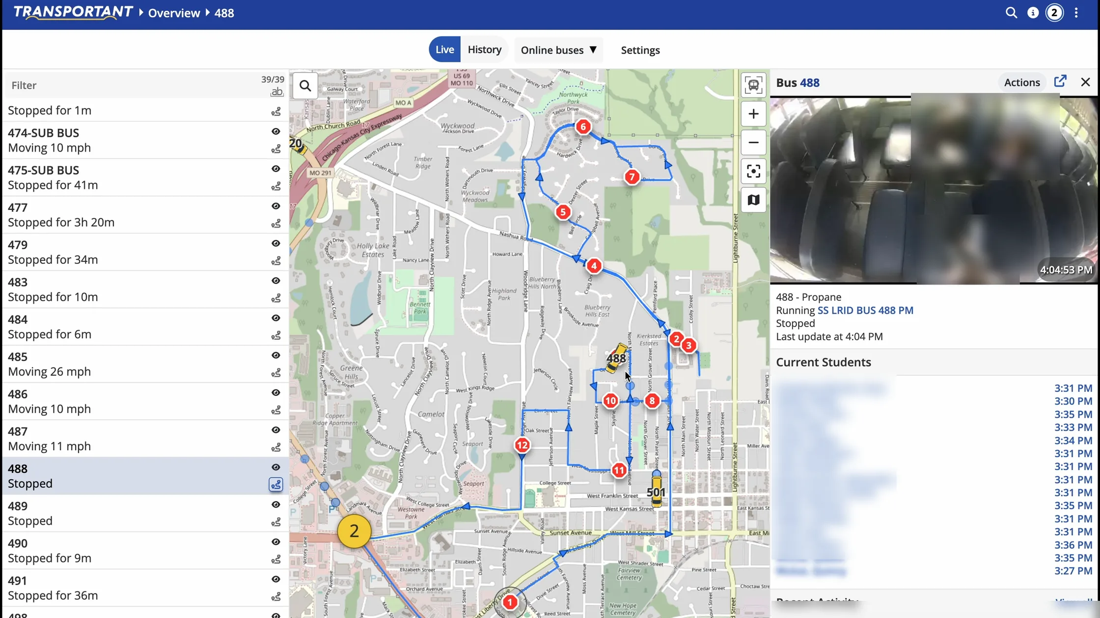 Live overview with a bus route on the map beside the live camera feed and current student list
