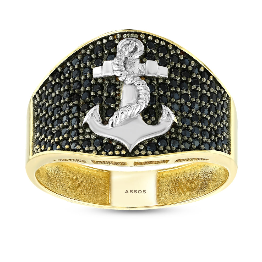Assos Pırlanta 14 Ayar Altın Çapa Motifli Siyah Taşlı Erkek Yüzük