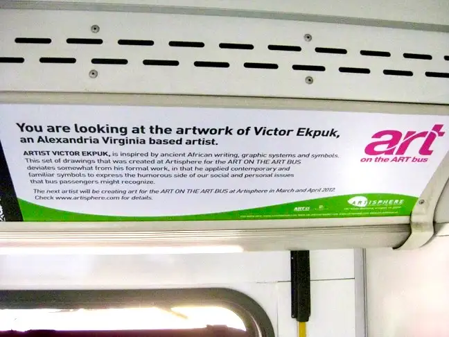 ART ON THE ART BUS deviates somewhat from his formal work, in that he applied contemporary and familiar symbols to express the humorous side of our social and personal issues that bus passengers might recognize. Arlington county bus service 