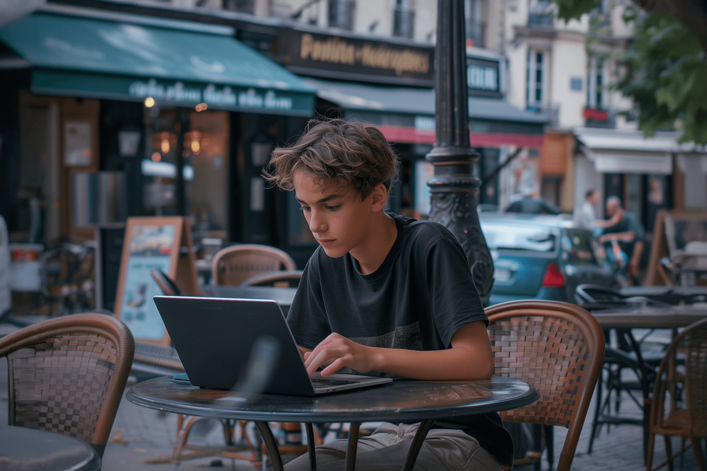 person working laptop cafe outdoor