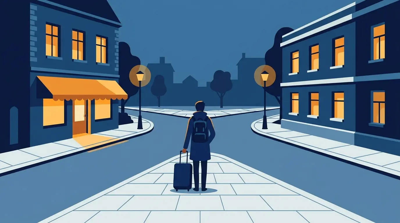 Ilustración de un viajero con una maleta entre un pequeño hotel boutique y un edificio de apartamentos al anochecer.