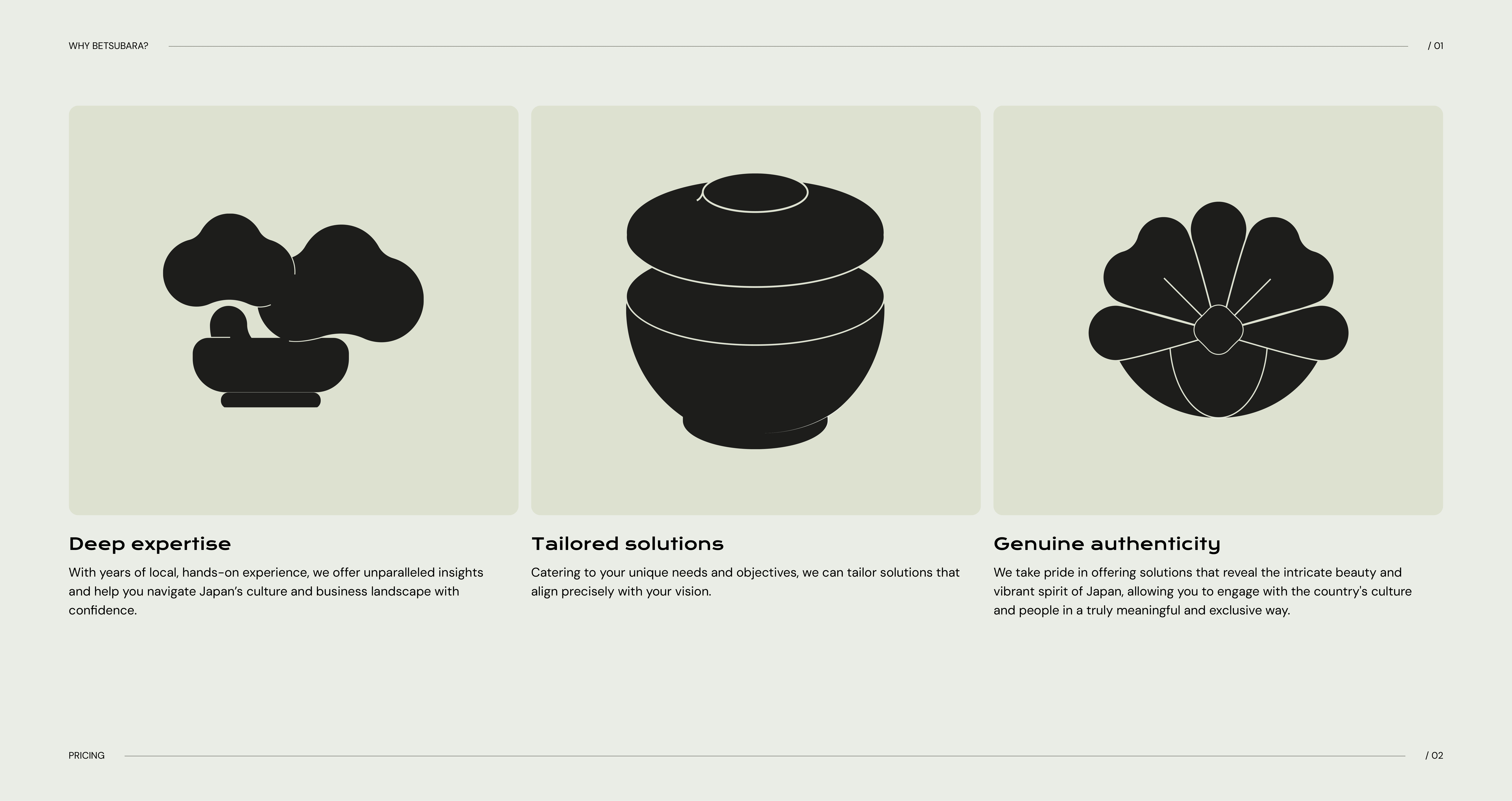 Three Betsubara brand symbols illustrating key values: expertise, tailored guidance and authenticity.