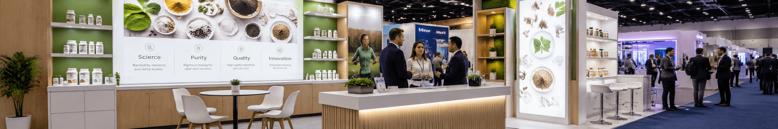 SupplySide nutraceutical booth with supplement display, ingredient education graphics, documentation counter, and buyer conversation area