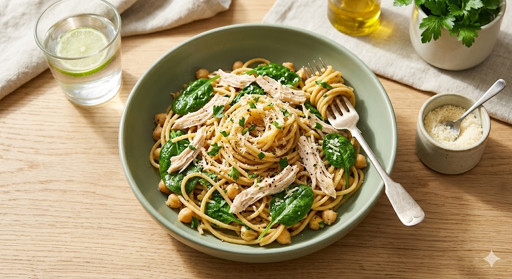 A modern green ceramic bowl filled with chickpea pasta, shredded chicken breast, fresh baby spinach, and chickpeas, garnished with parsley and grated parmesan cheese. A fork rests in the bowl on a wooden table.