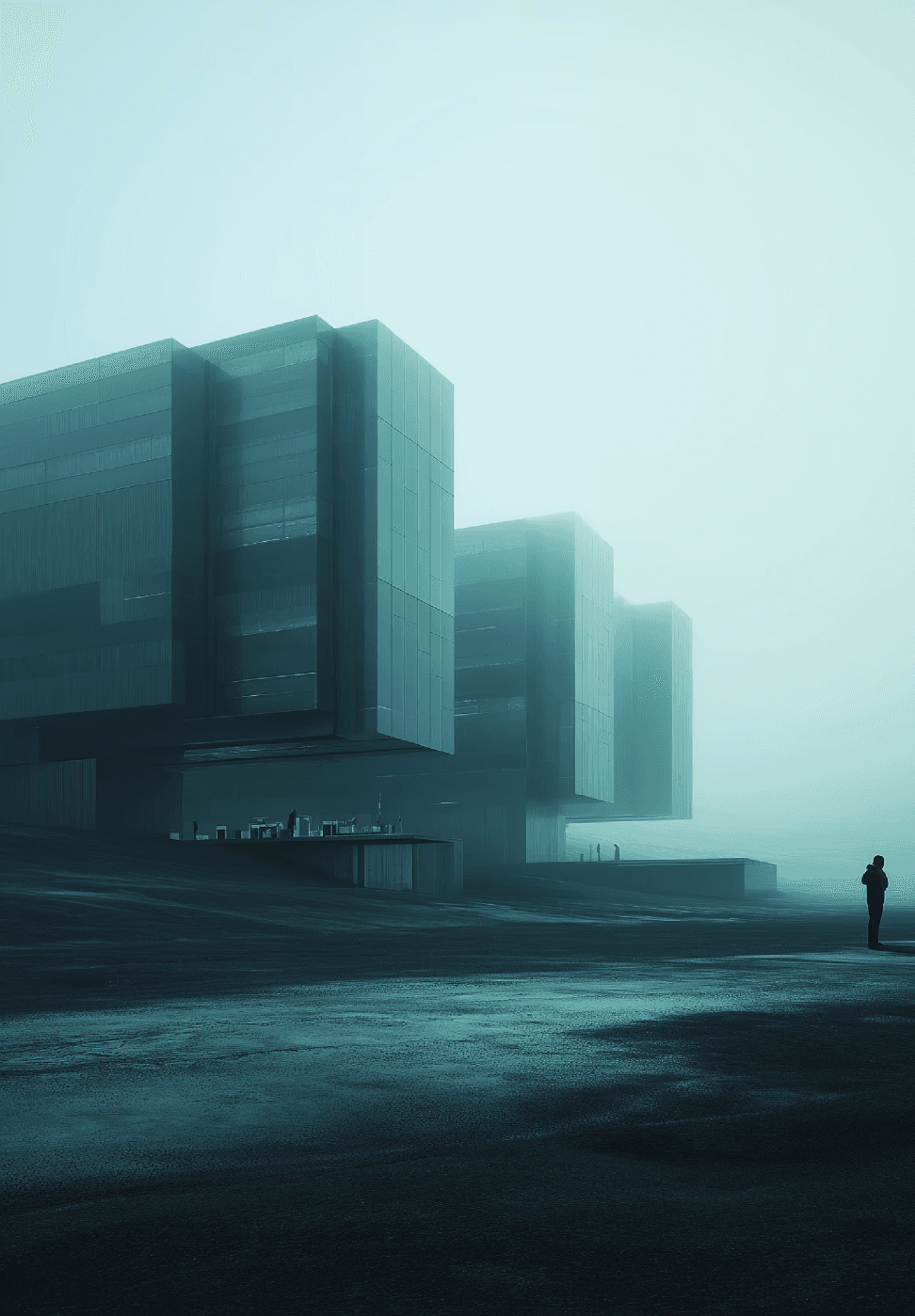 Modern architectural buildings stand tall in a dystopian scene, with a person in the distance, fog present
