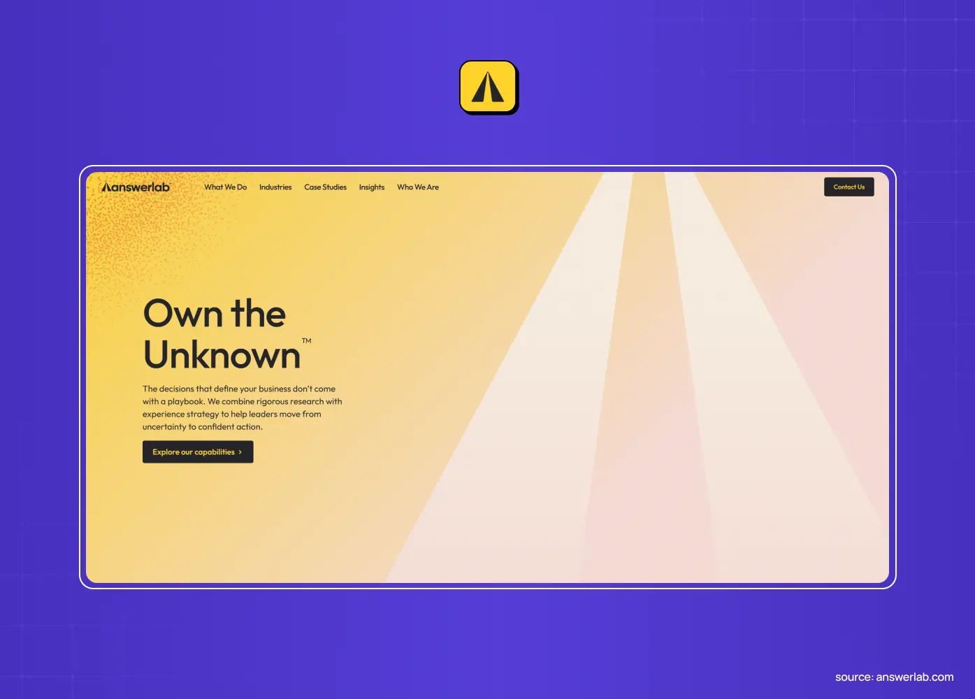 AnswerLab website featuring the headline “Own the Unknown” with a warm yellow gradient and geometric light-beam visual.