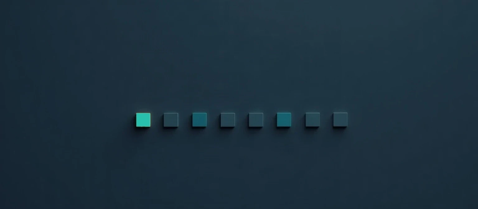 A row of small grey squares with the first one lit in teal, representing an early-stage startup choosing its first step in outbound.