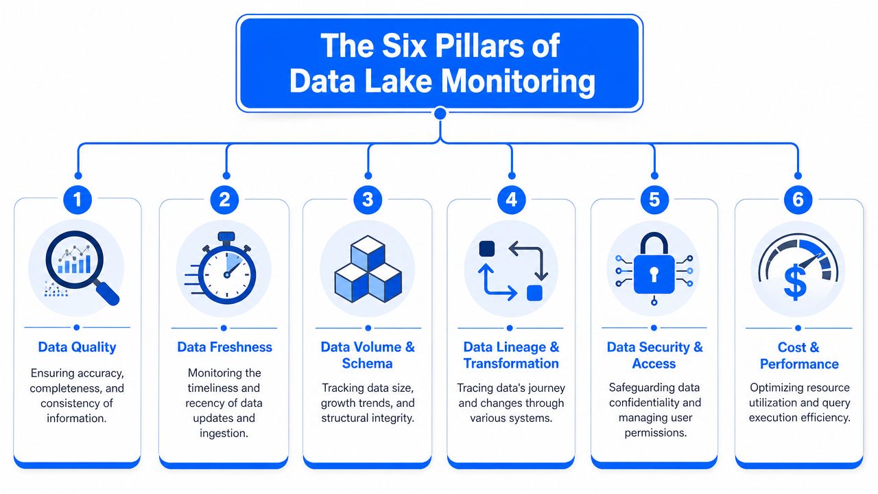 A structured infographic illustrating the six key pillars of data lake monitoring for efficient data management systems.