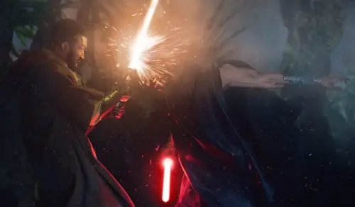 A Jedi with a yellow lightsaber on the left and a character in a black hood and mask on the right who is headbutting the lightsaber