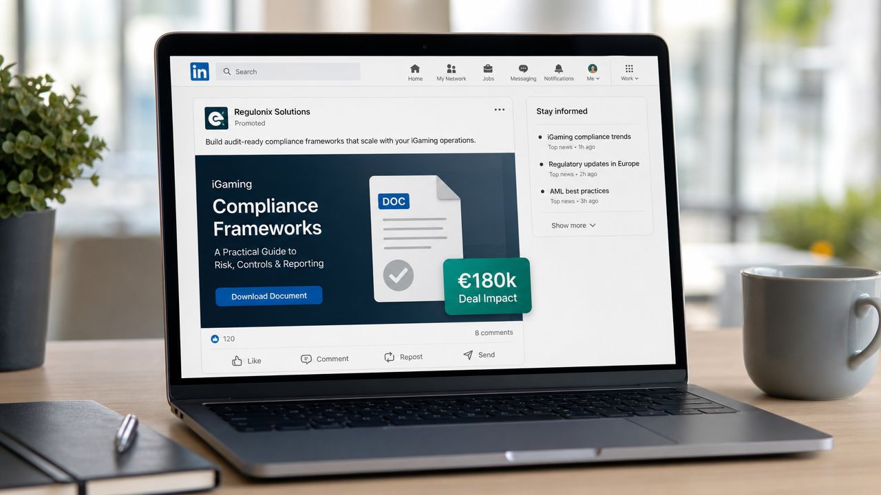 A professional laptop on a desk displaying an iGaming compliance framework advertisement on the LinkedIn platform.