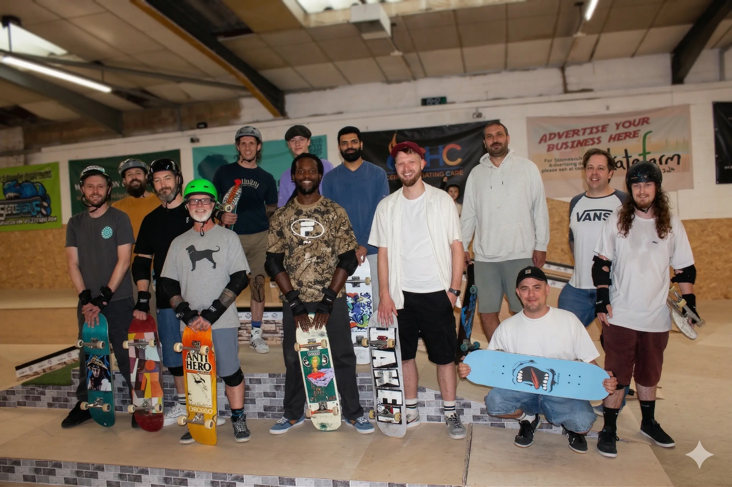 An adult learning to skateboard at The Skate Farm indoor skatepark in Haywards Heath, Sussex