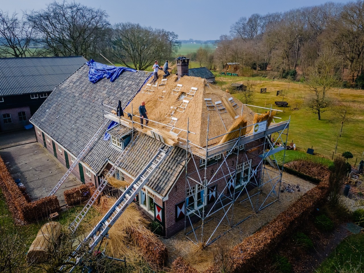 Rietdekkers van Rietdekkersbedrijf van Dijk werkend aan de vervanging van dakpannen met een rieten dak