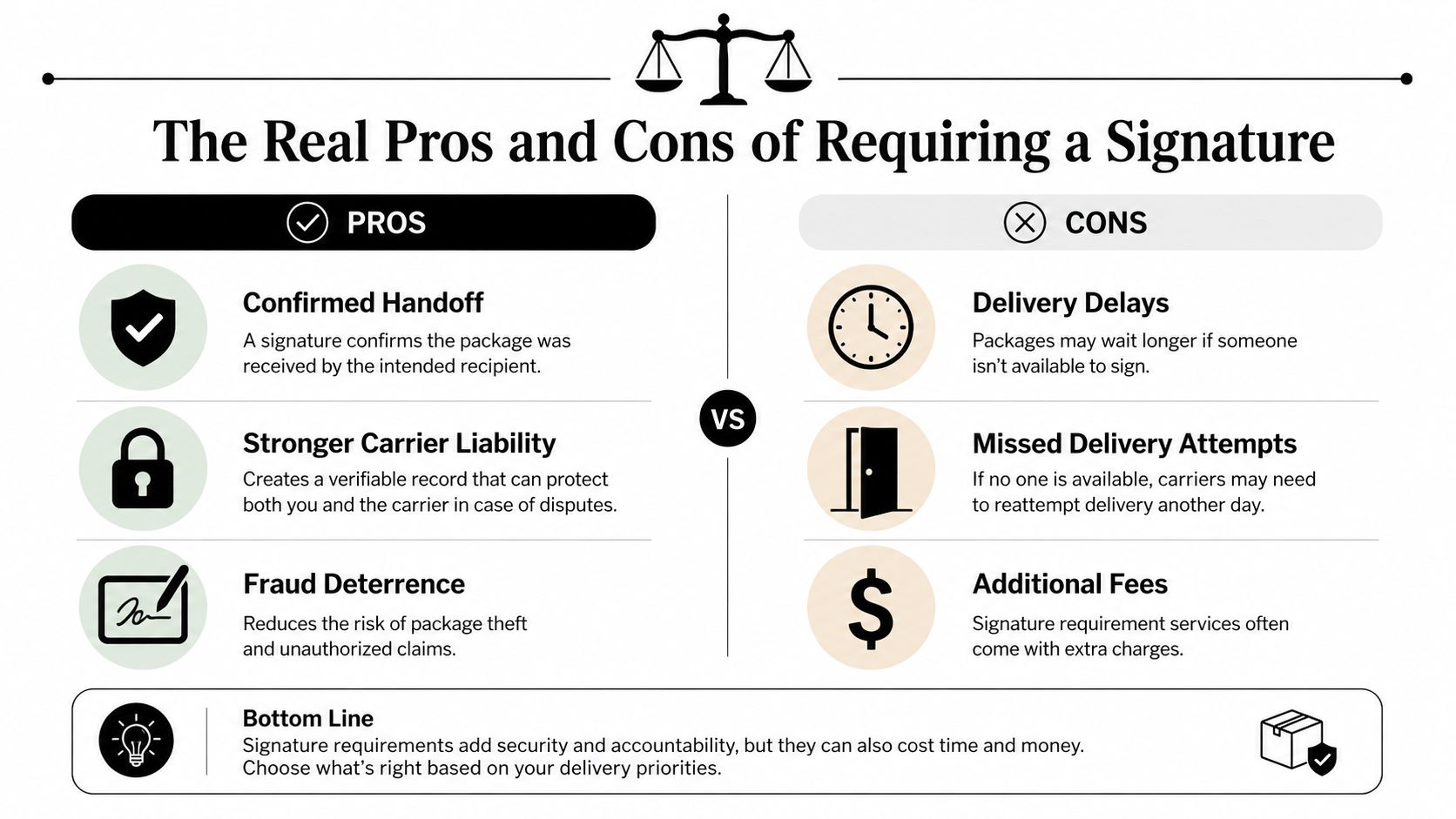 An infographic comparing the pros and cons of requiring a signature for package deliveries and shipments.