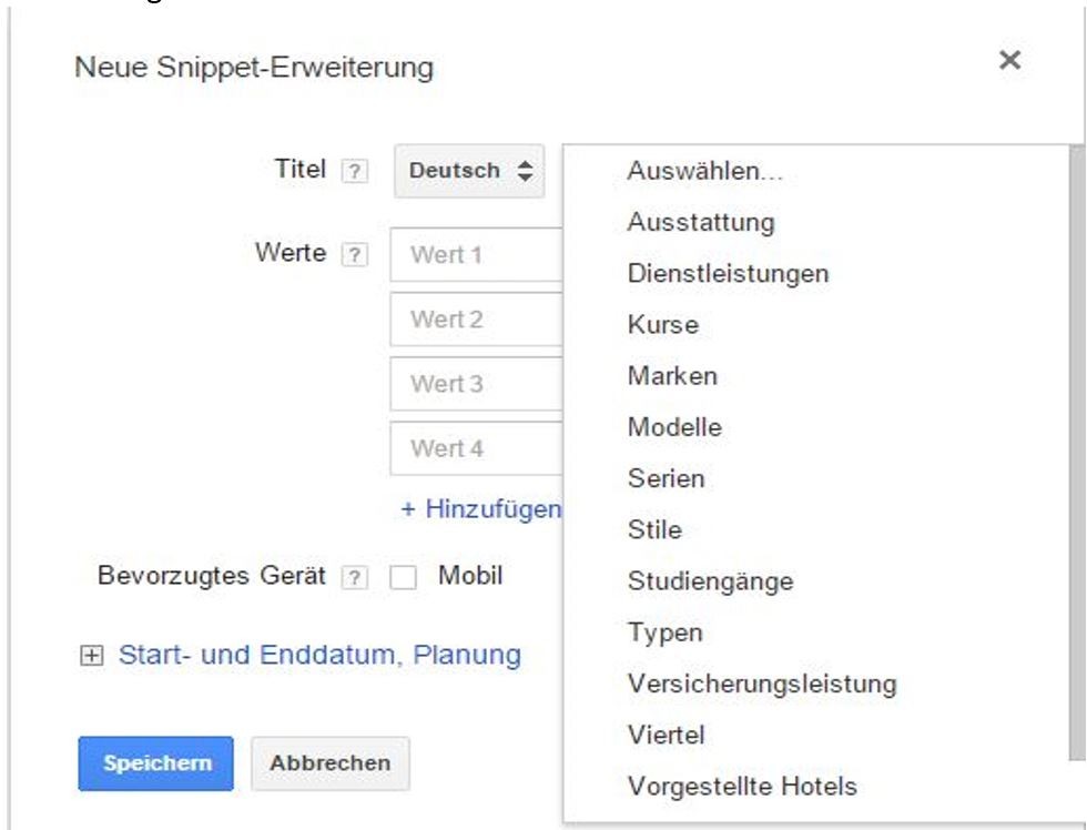 So können Sie die Snippet Erweiterungen in AdWords einrichten