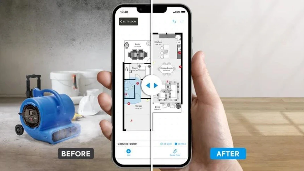 air movers drying up water damages with before/after image