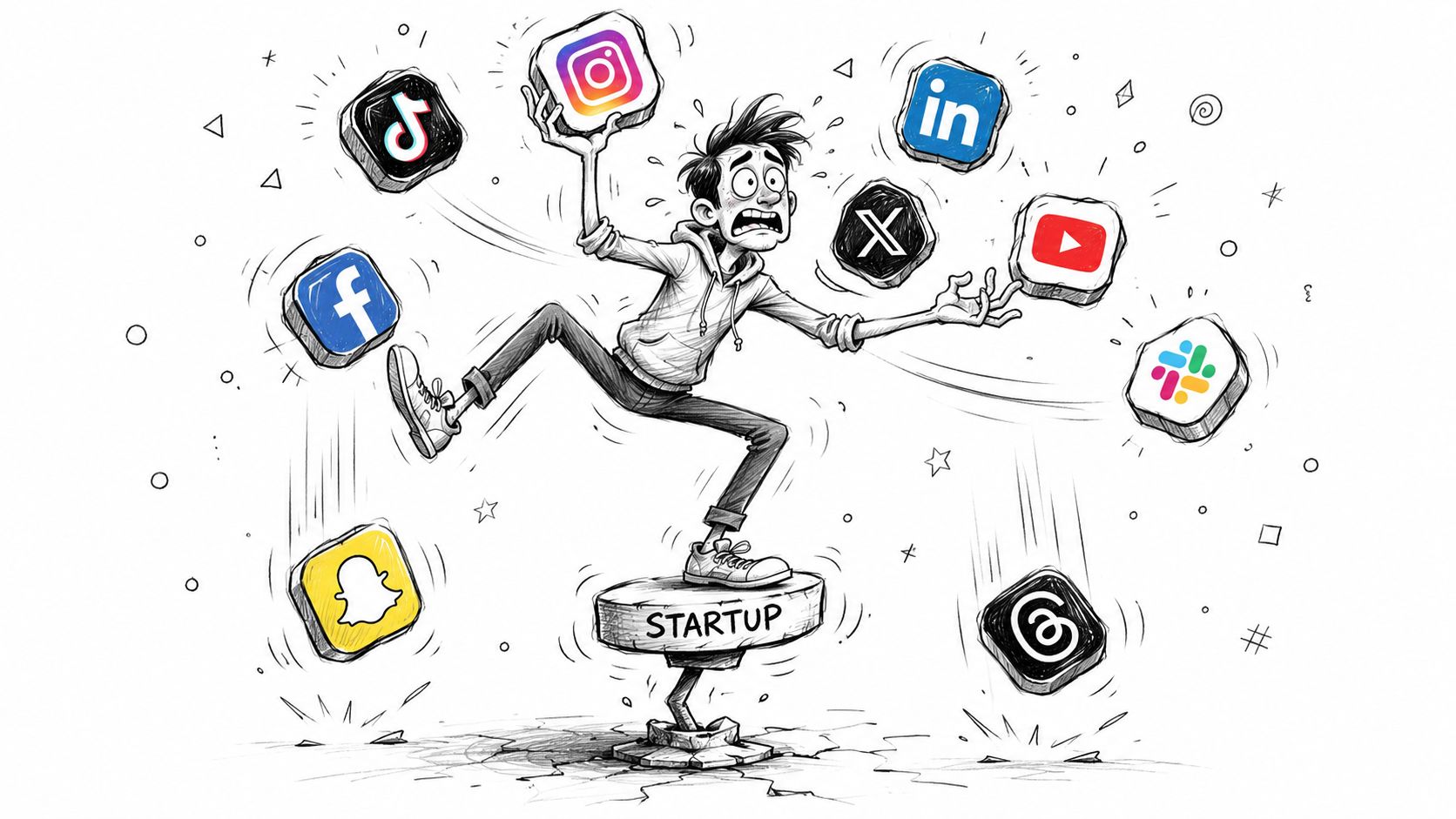 A person struggling to juggle multiple social media platform icons while balancing on a startup pedestal.