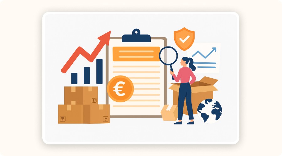 Flat style illustration showing the different costs associated with ecommerce order fulfillment: a warehouse with packages, a calculator, an invoice with the € symbol, icons representing storage, pick & pack, returns, software integrations, and international shipping fees. The image highlights the hidden costs of ecommerce logistics.