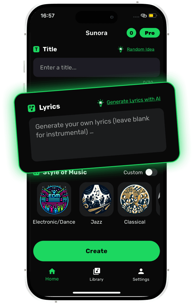 A screenshot of the Sunora AI music generator app, showing options to enter a title, generate lyrics, choose a music style, and create a song.