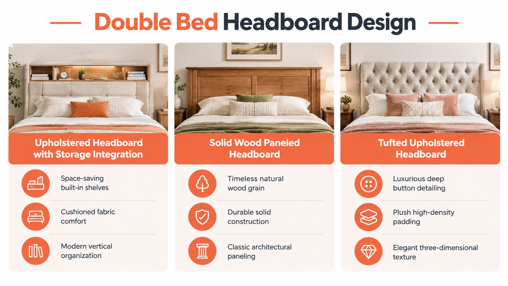 A comparison chart showing three different types of stylish and functional double bed headboard design options.