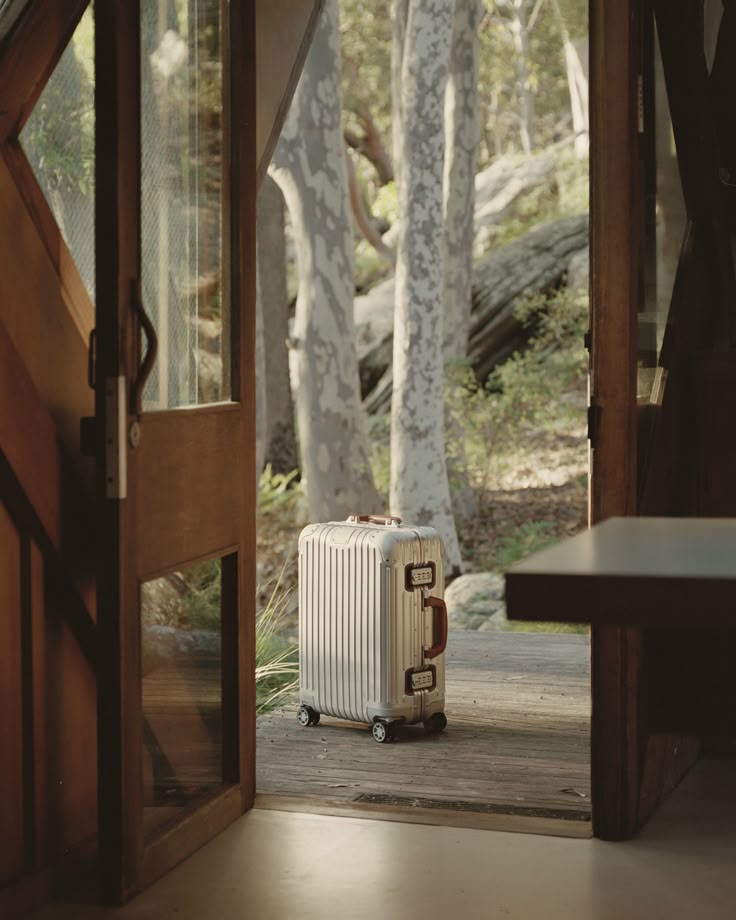 A silver suitcase with red accents placed outside an open door, surrounded by trees and greenery, suggesting a travel-ready scene.