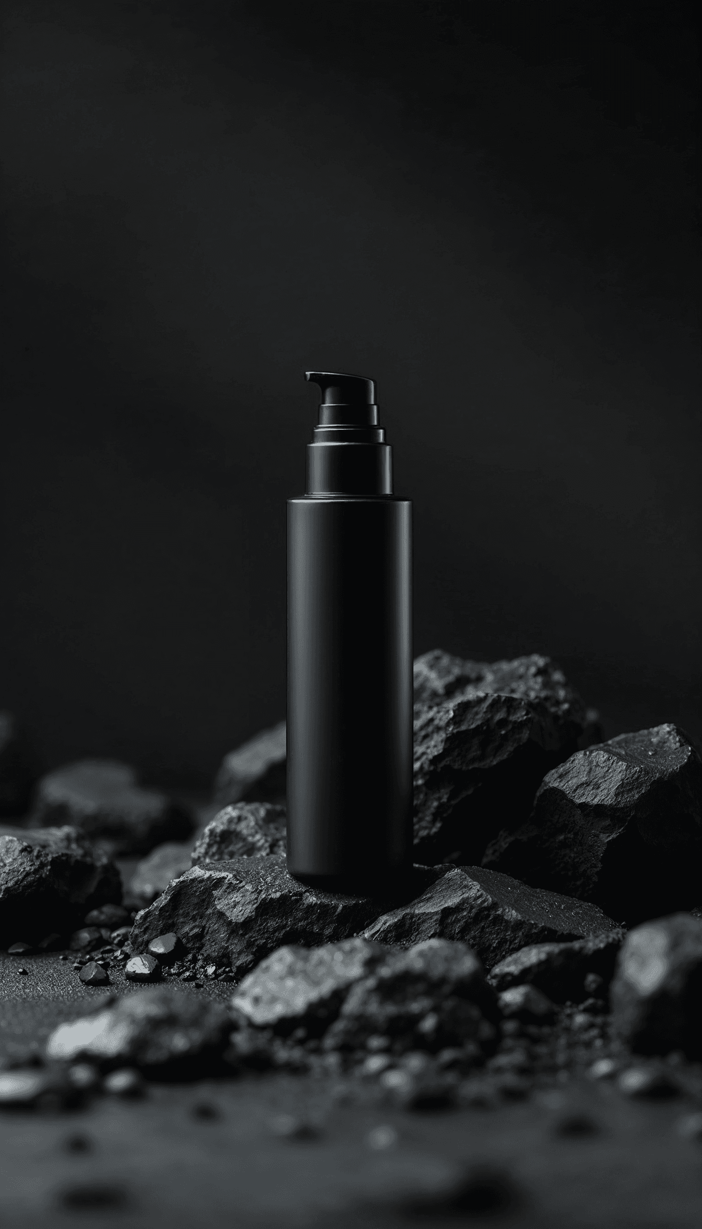 Black lotion bottle on dark rocks