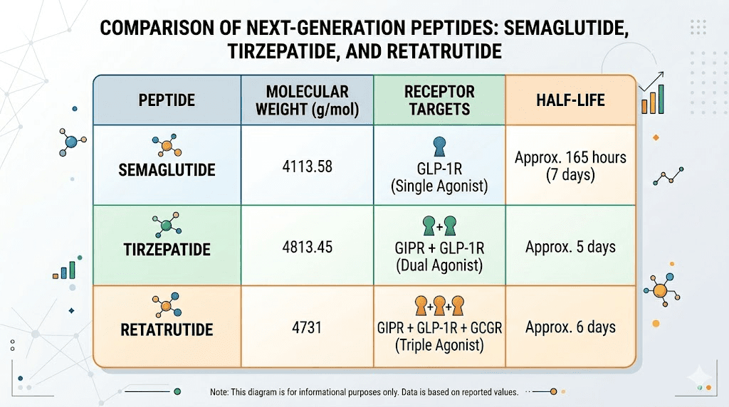 GLP-1 peptide comparison chart showing semaglutide tirzepatide and retatrutide specifications