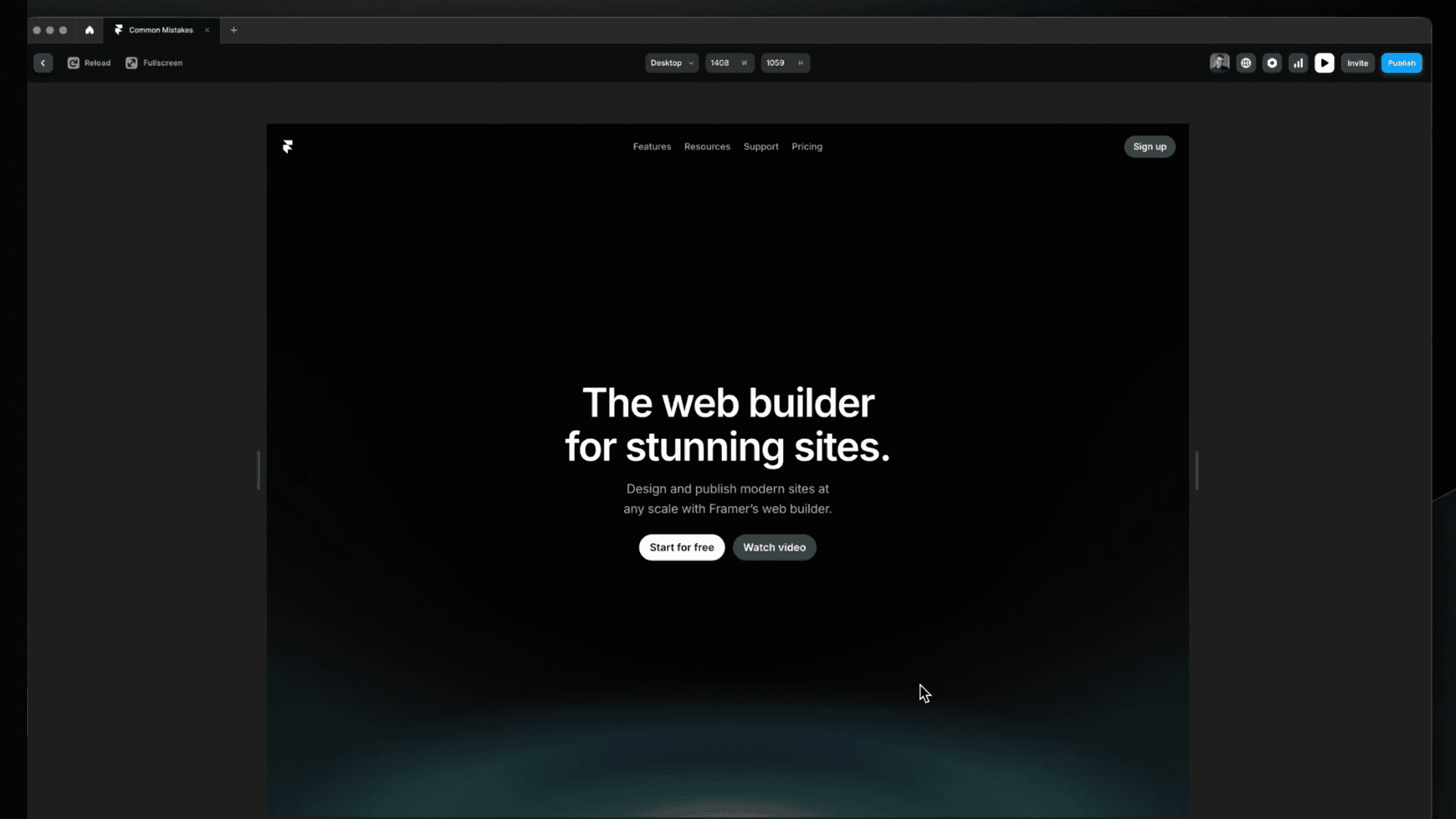 Screenshot of a browser window displaying a dark-themed homepage with the headline 'The web builder for stunning sites.', accompanied by a menu including Features, Resources, Support, Pricing, and a Sign Up button