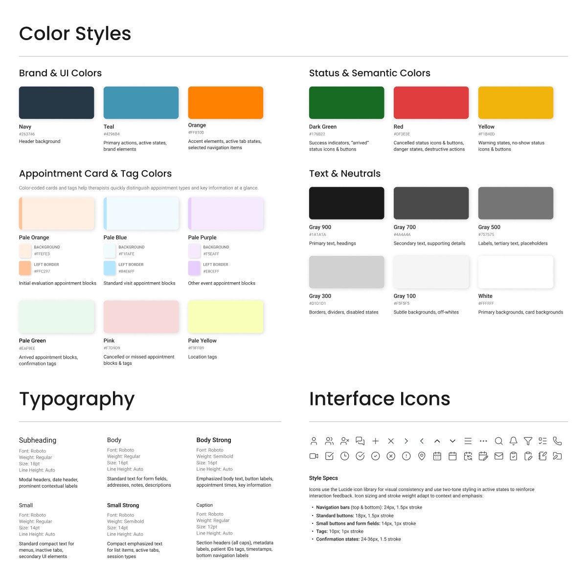 Image of basic style guide including color styles, typography, and interface icons