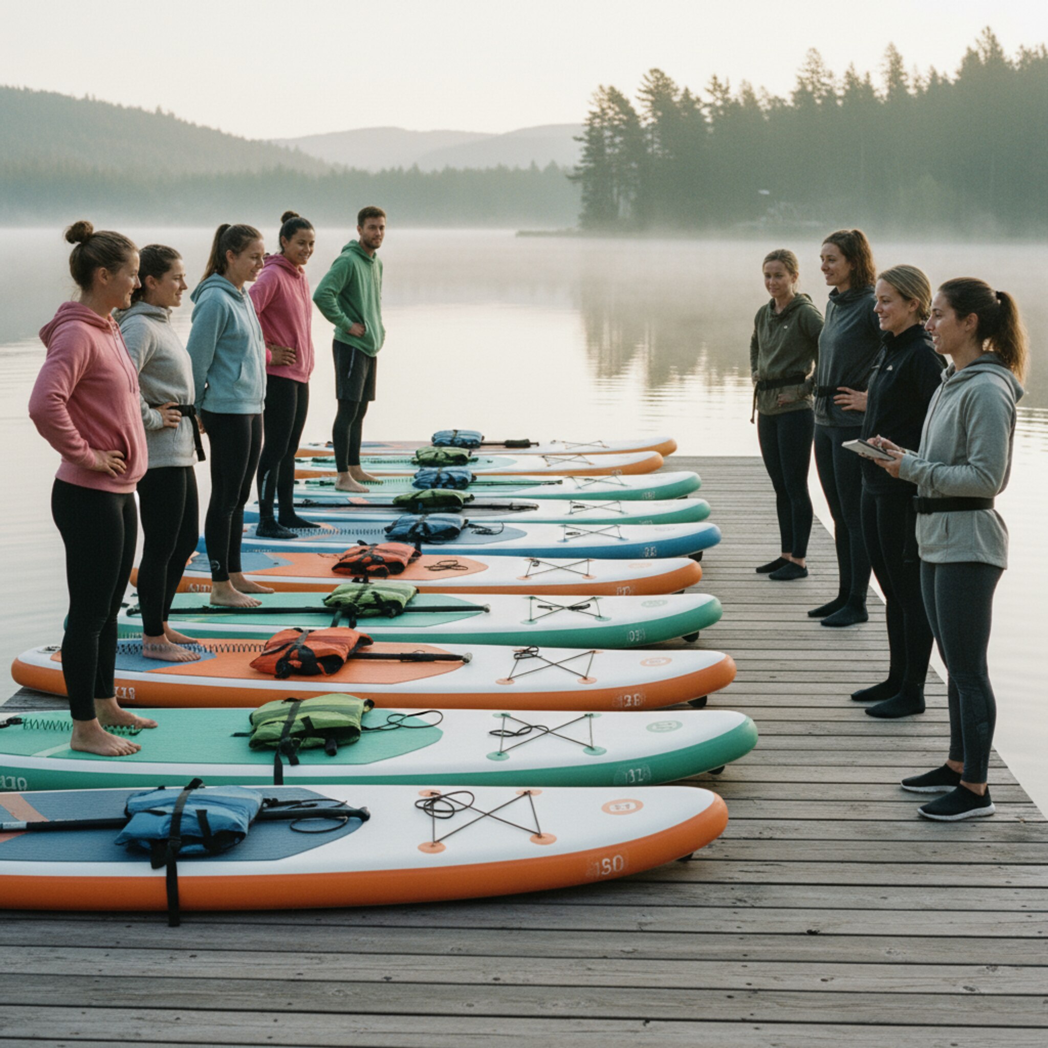 Früh am Steg richtet ein Team nummerierte SUPs und Schwimmwesten in Reihen aus. Eine Trainerin prüft die Gruppengröße und zeigt auf die bereitliegenden Bretter. Das Wasser ist glatt, die Szene wirkt geordnet und startklar, ohne technische Geräte im Fokus.
