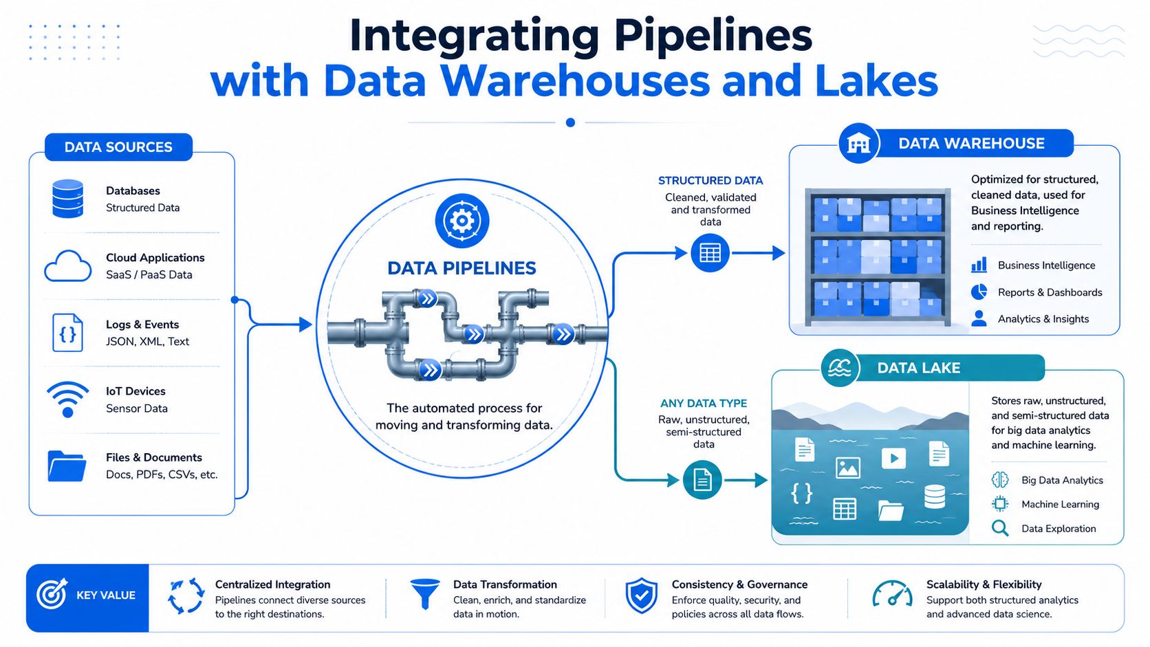 A diagram illustrating how data pipelines integrate diverse data sources into data warehouses and data lakes.