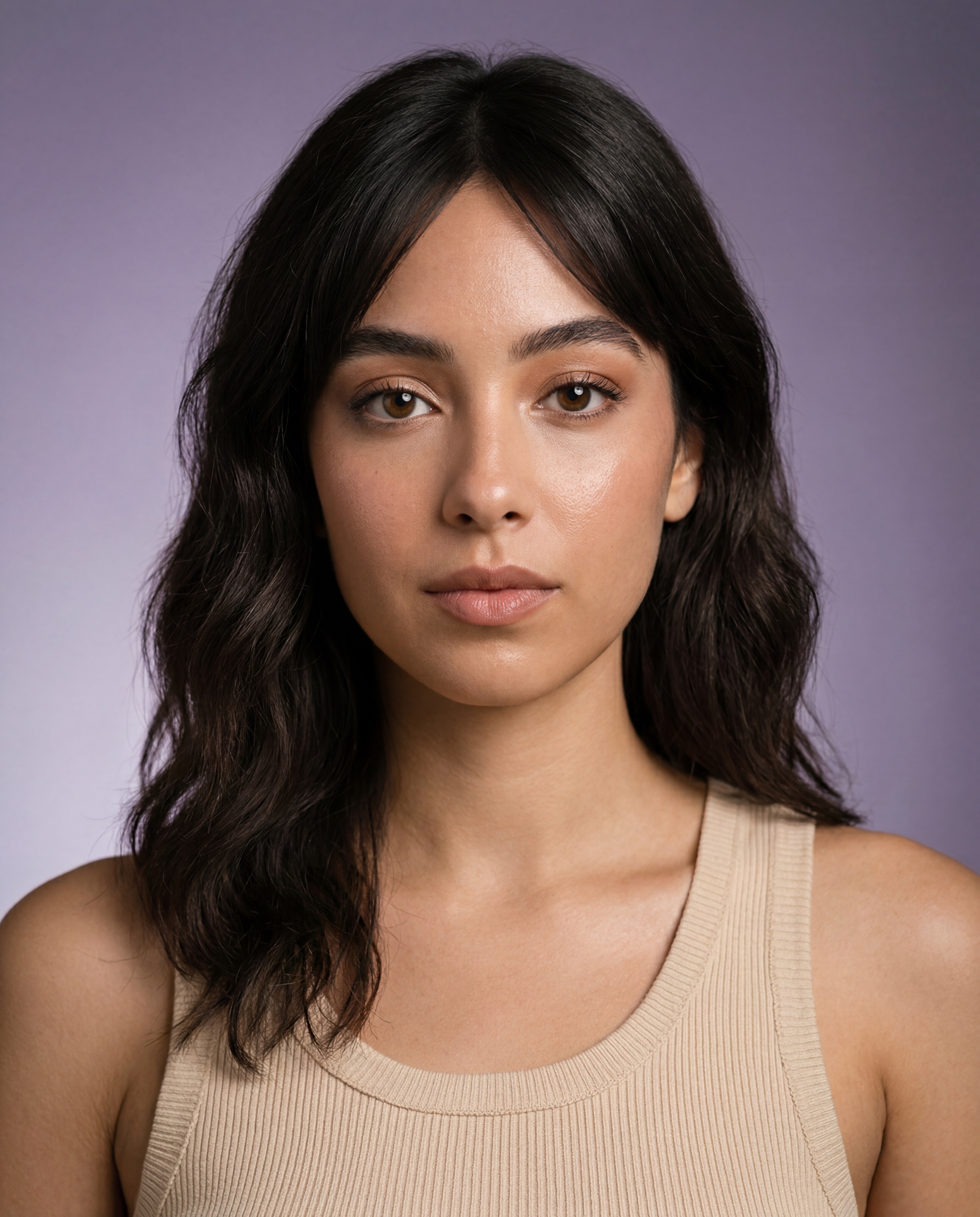 Isabella Vega AI model portrait, dark wavy hair, warm studio look, Gemzy AI jewelry studio