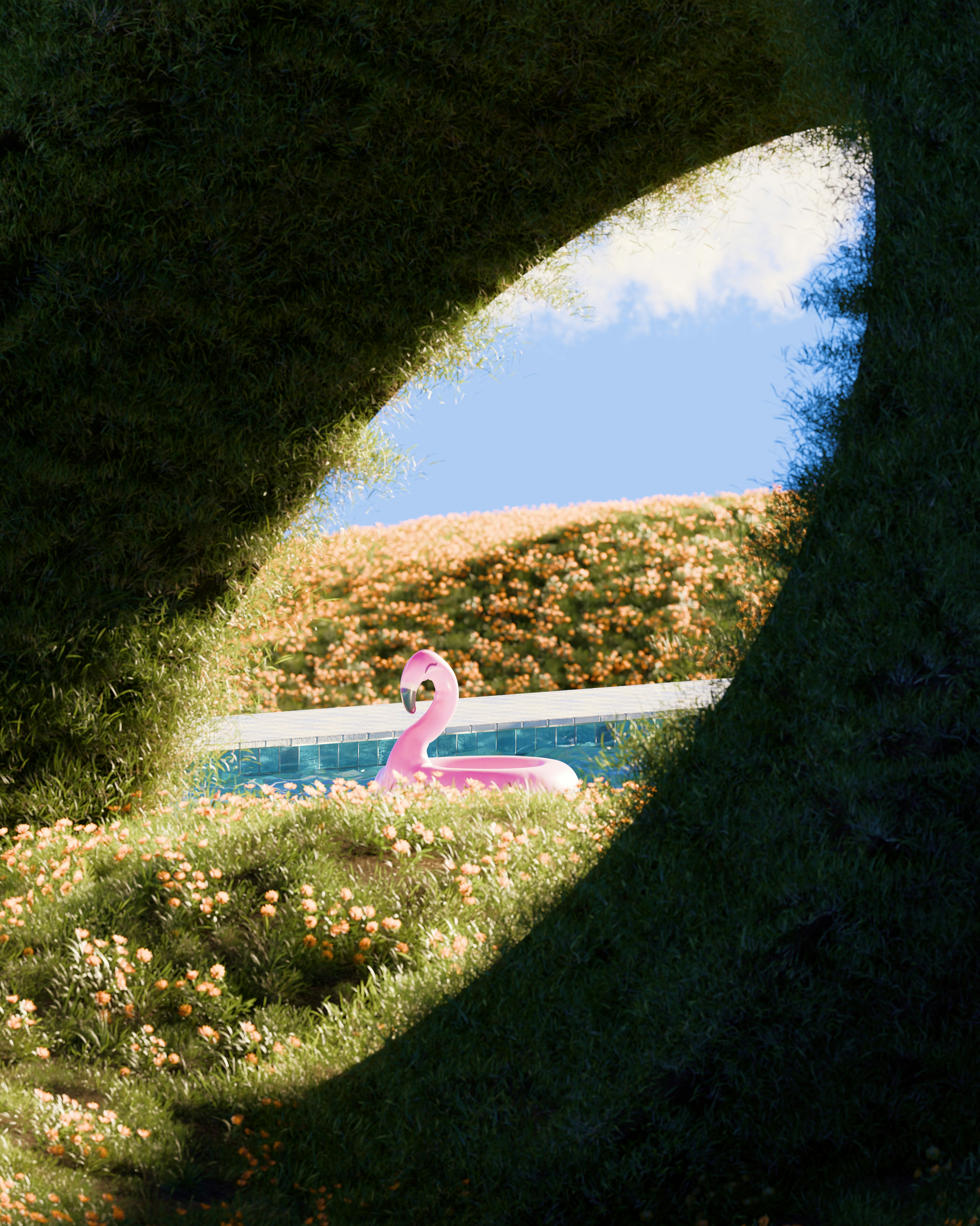 Pink flamingo float in a swimming pool surrounded by flowers.
